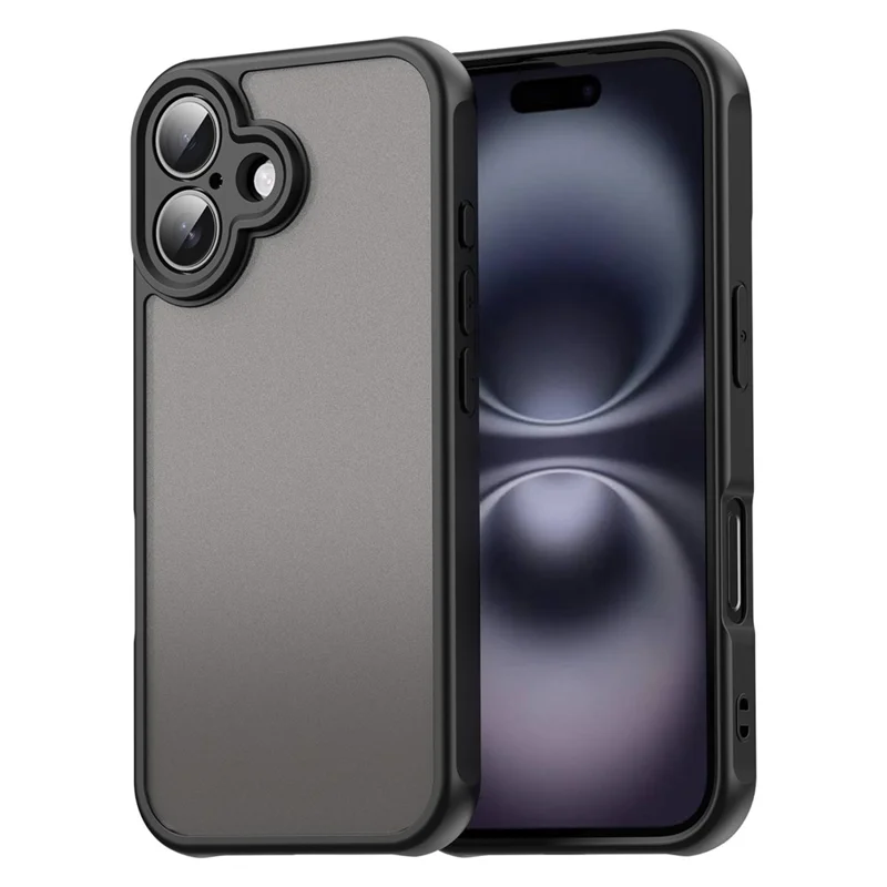 For iPhone 16 Case Drop Proof Airbags Frosted Translucent PC + TPU Phone Back Cover - Black