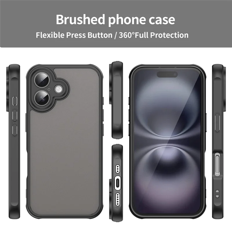 For iPhone 16 Case Drop Proof Airbags Frosted Translucent PC + TPU Phone Back Cover - Black