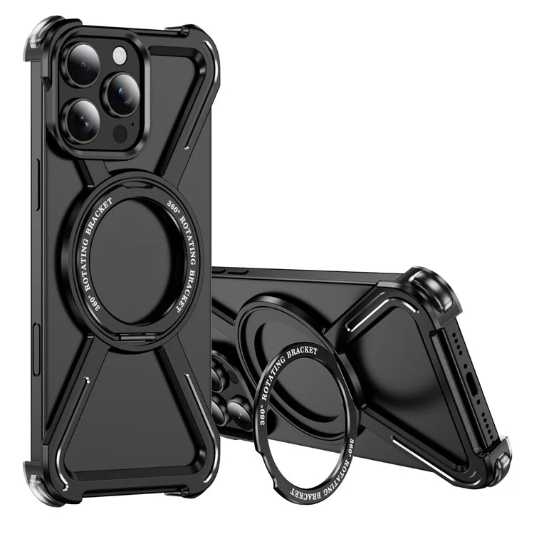 Coque Magnétique pour iPhone 16 Pro Max de Qualité Militaire Anti-Chute avec Support Rotatif à 360° et Bumper en Alliage de Titane - Noir
