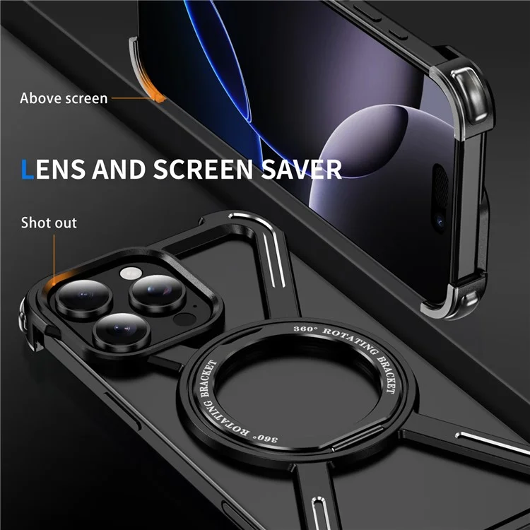 Coque Magnétique pour iPhone 16 Pro Max de Qualité Militaire Anti-Chute avec Support Rotatif à 360° et Bumper en Alliage de Titane - Noir