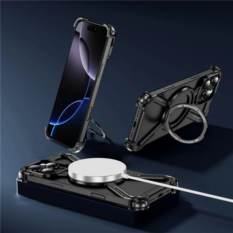 Coque Magnétique pour iPhone 16 Pro Max de Qualité Militaire Anti-Chute avec Support Rotatif à 360° et Bumper en Alliage de Titane - Noir