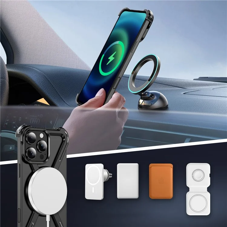 Coque Magnétique pour iPhone 16 Pro Max de Qualité Militaire Anti-Chute avec Support Rotatif à 360° et Bumper en Alliage de Titane - Noir