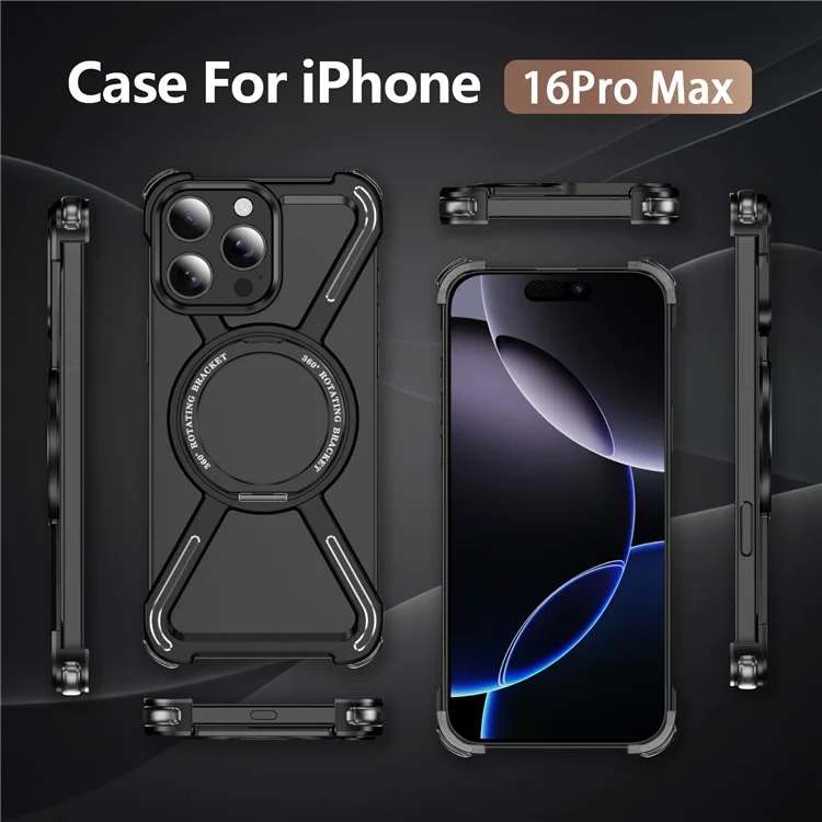Coque Magnétique pour iPhone 16 Pro Max de Qualité Militaire Anti-Chute avec Support Rotatif à 360° et Bumper en Alliage de Titane - Noir