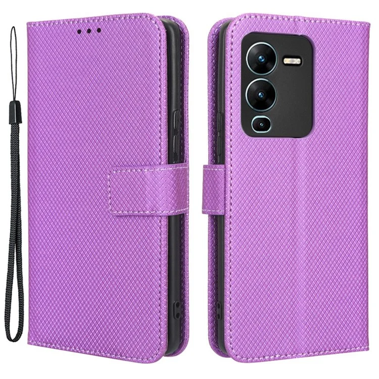 Para Vivo V25 Pro 5G / S15 Pro 5G Textura de Diamante Proteção Full PU Caelo Capel Capa de Capa de Cartela Tape Taplo de Choque de Choque - Roxo