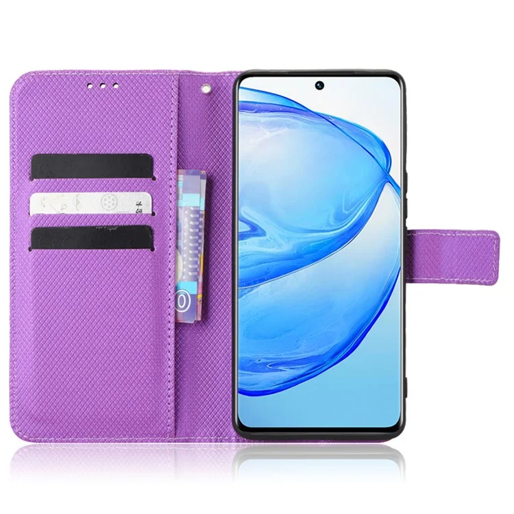 Para Vivo V25 Pro 5G / S15 Pro 5G Textura de Diamante Proteção Full PU Caelo Capel Capa de Capa de Cartela Tape Taplo de Choque de Choque - Roxo