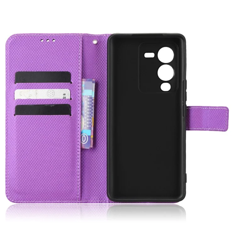 Para Vivo V25 Pro 5G / S15 Pro 5G Textura de Diamante Proteção Full PU Caelo Capel Capa de Capa de Cartela Tape Taplo de Choque de Choque - Roxo