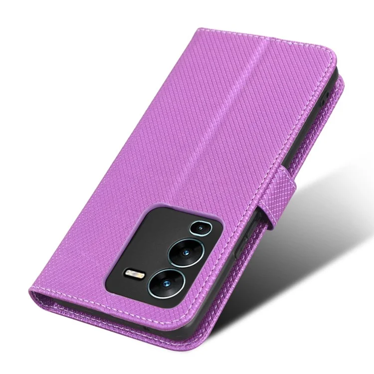 Para Vivo V25 Pro 5G / S15 Pro 5G Textura de Diamante Proteção Full PU Caelo Capel Capa de Capa de Cartela Tape Taplo de Choque de Choque - Roxo