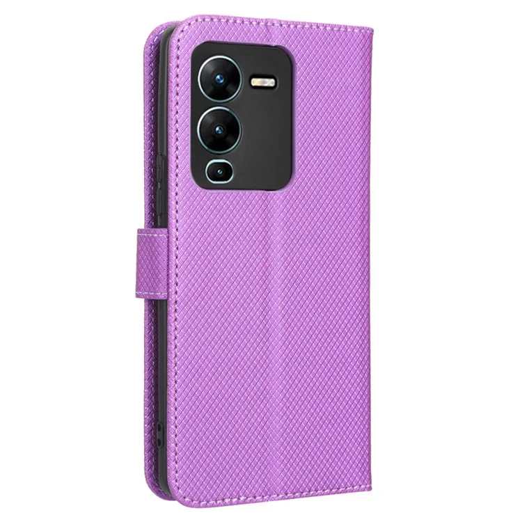 Para Vivo V25 Pro 5G / S15 Pro 5G Textura de Diamante Proteção Full PU Caelo Capel Capa de Capa de Cartela Tape Taplo de Choque de Choque - Roxo