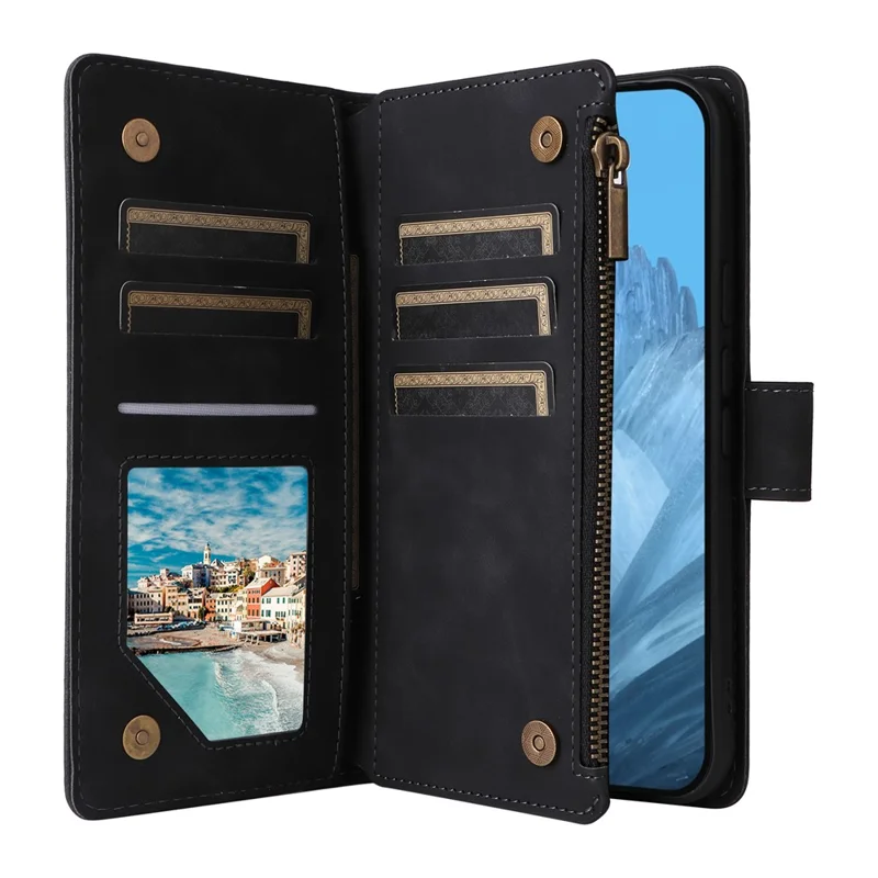 Zwart leren telefoonhoesje met portemonnee en rits voor Google Pixel 9a, met meerdere kaartvakken