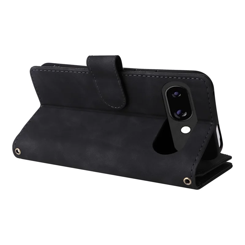 Zwart leren telefoonhoesje met portemonnee en rits voor Google Pixel 9a, met meerdere kaartvakken