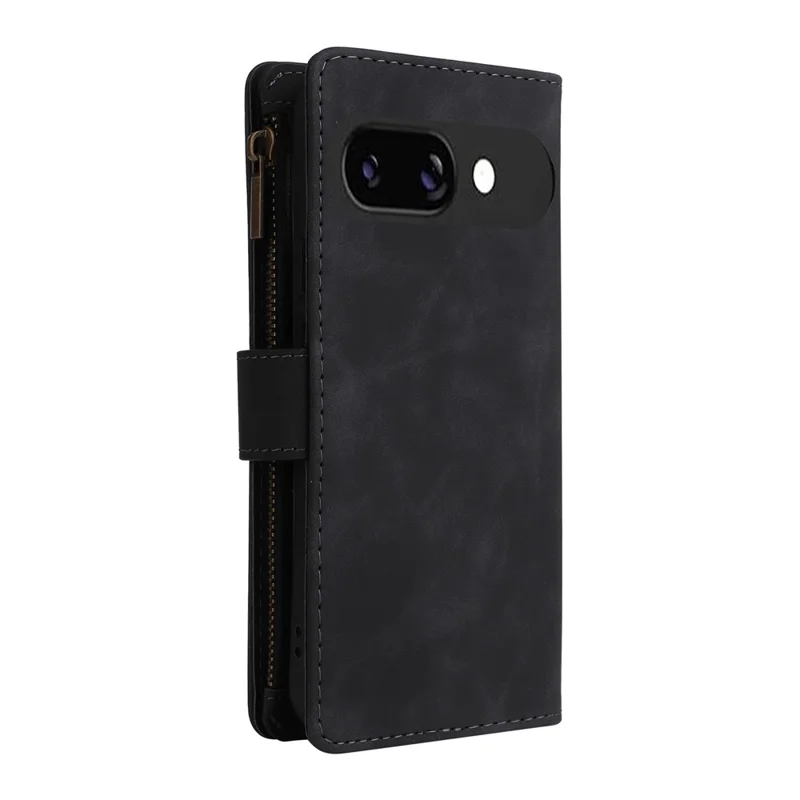 Zwart leren telefoonhoesje met portemonnee en rits voor Google Pixel 9a, met meerdere kaartvakken