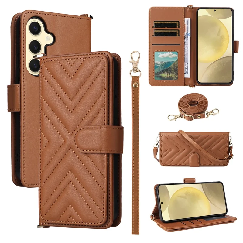 For Samsung Galaxy S24+ Wallet Case with Shoulder / Wrist Strap Leather Phone Cover Stand - Brown