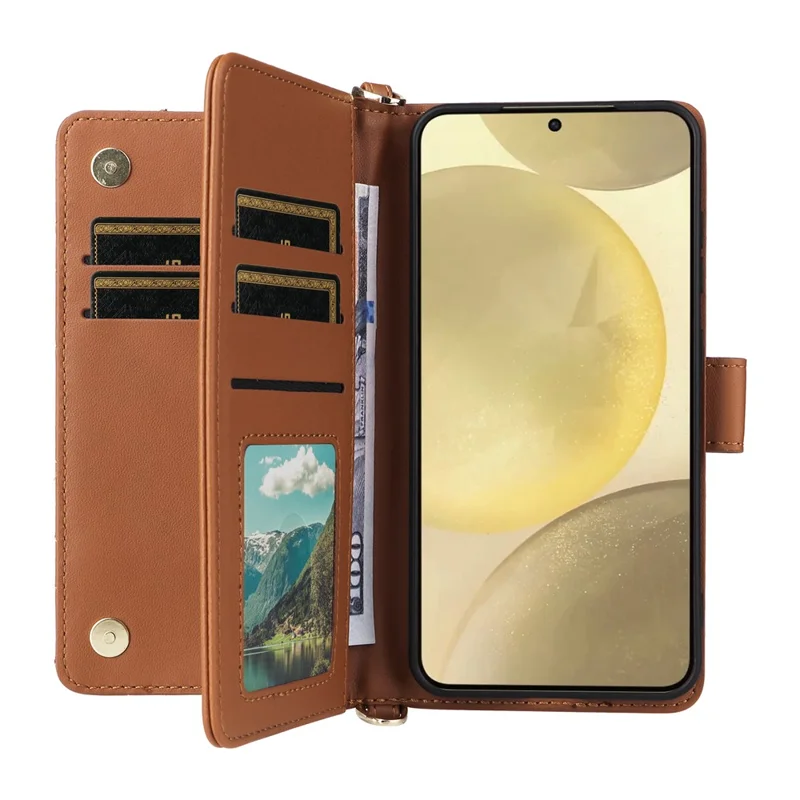 For Samsung Galaxy S24+ Wallet Case with Shoulder / Wrist Strap Leather Phone Cover Stand - Brown