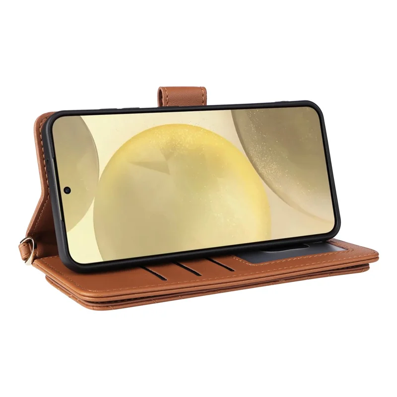 For Samsung Galaxy S24+ Wallet Case with Shoulder / Wrist Strap Leather Phone Cover Stand - Brown