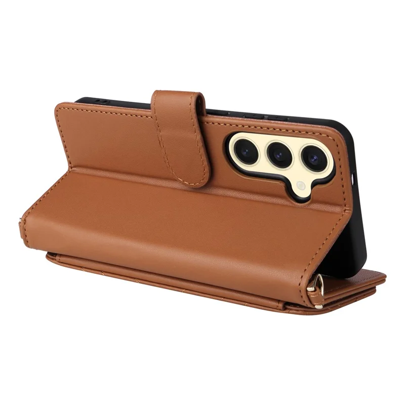For Samsung Galaxy S24+ Wallet Case with Shoulder / Wrist Strap Leather Phone Cover Stand - Brown