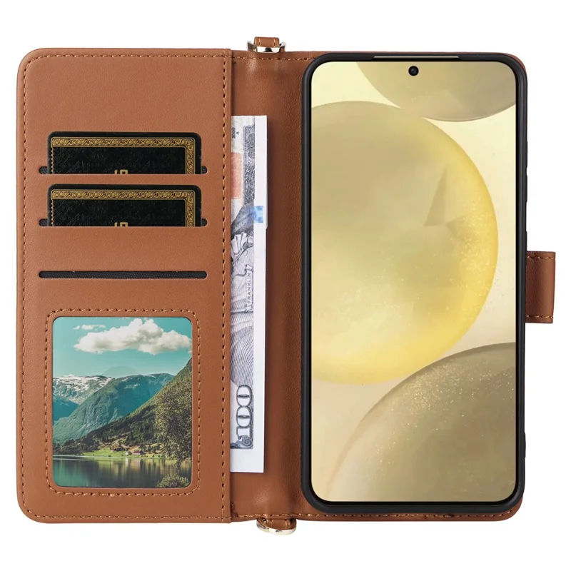 For Samsung Galaxy S24+ Wallet Case with Shoulder / Wrist Strap Leather Phone Cover Stand - Brown