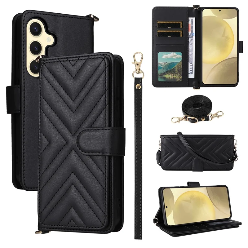 For Samsung Galaxy S24+ Wallet Case with Shoulder / Wrist Strap Leather Phone Cover Stand - Black