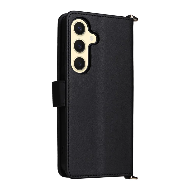 For Samsung Galaxy S24+ Wallet Case with Shoulder / Wrist Strap Leather Phone Cover Stand - Black