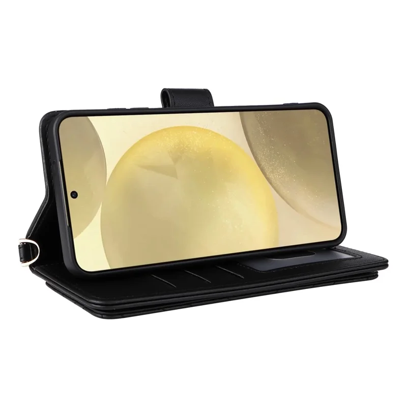 For Samsung Galaxy S24+ Wallet Case with Shoulder / Wrist Strap Leather Phone Cover Stand - Black