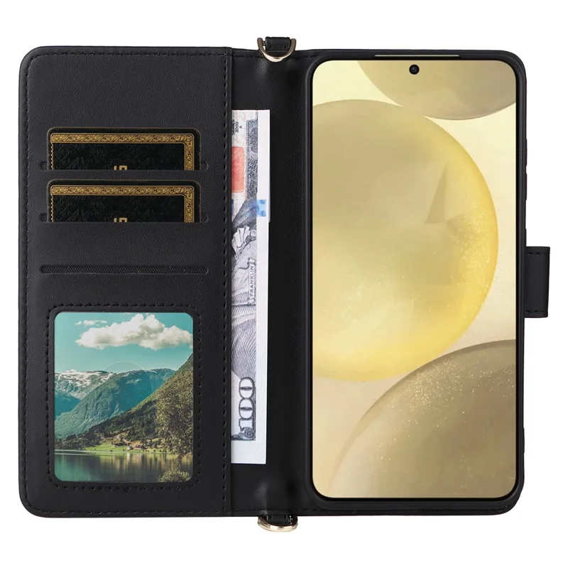 For Samsung Galaxy S24+ Wallet Case with Shoulder / Wrist Strap Leather Phone Cover Stand - Black