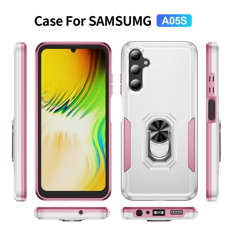 Custodia per Samsung Galaxy A05s 4G Grado militare Anello Supporto PC+TPU Cover per telefono - Bianco+Rosa