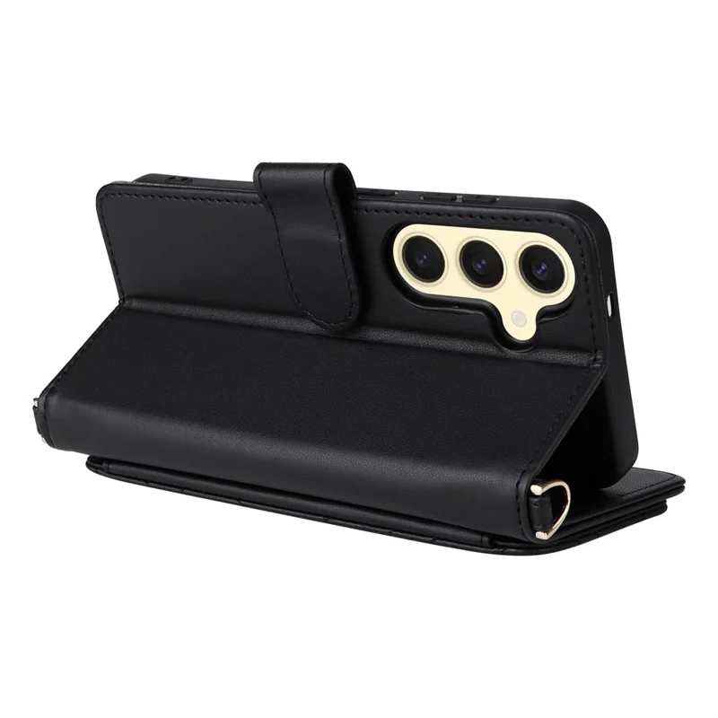 For Samsung Galaxy S24 Wallet Case with Shoulder / Wrist Strap Leather Phone Cover Stand - Black