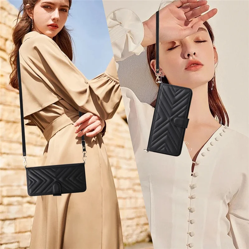 For Samsung Galaxy S24 Wallet Case with Shoulder / Wrist Strap Leather Phone Cover Stand - Black