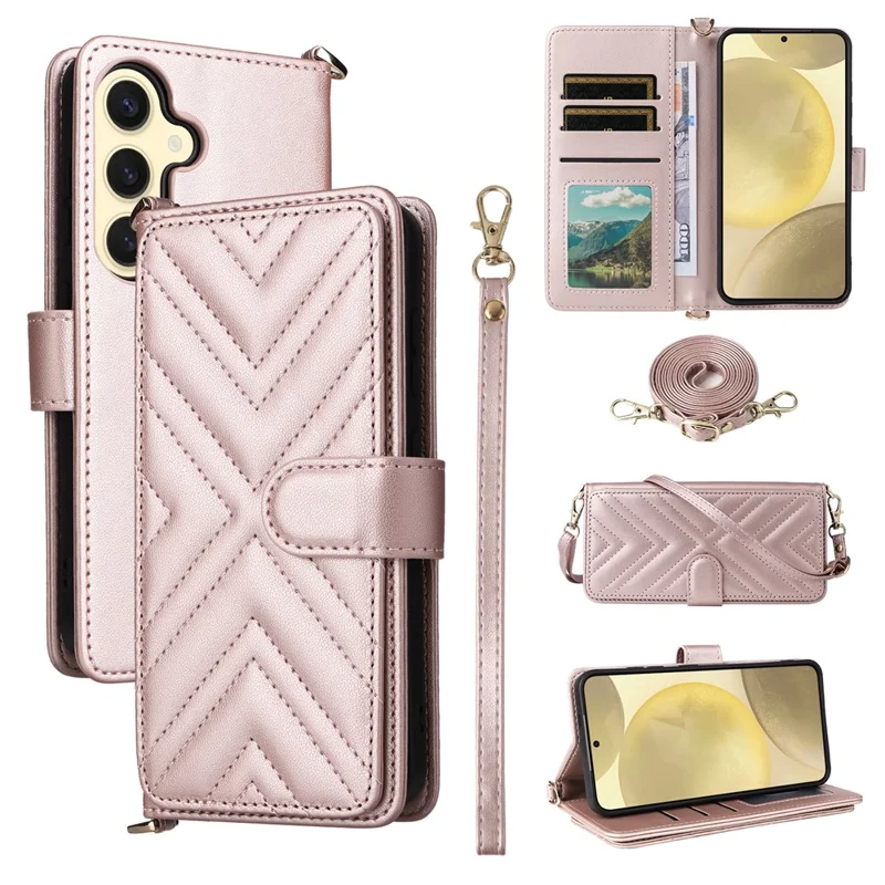 For Samsung Galaxy S24 Wallet Case with Shoulder / Wrist Strap Leather Phone Cover Stand - Pink