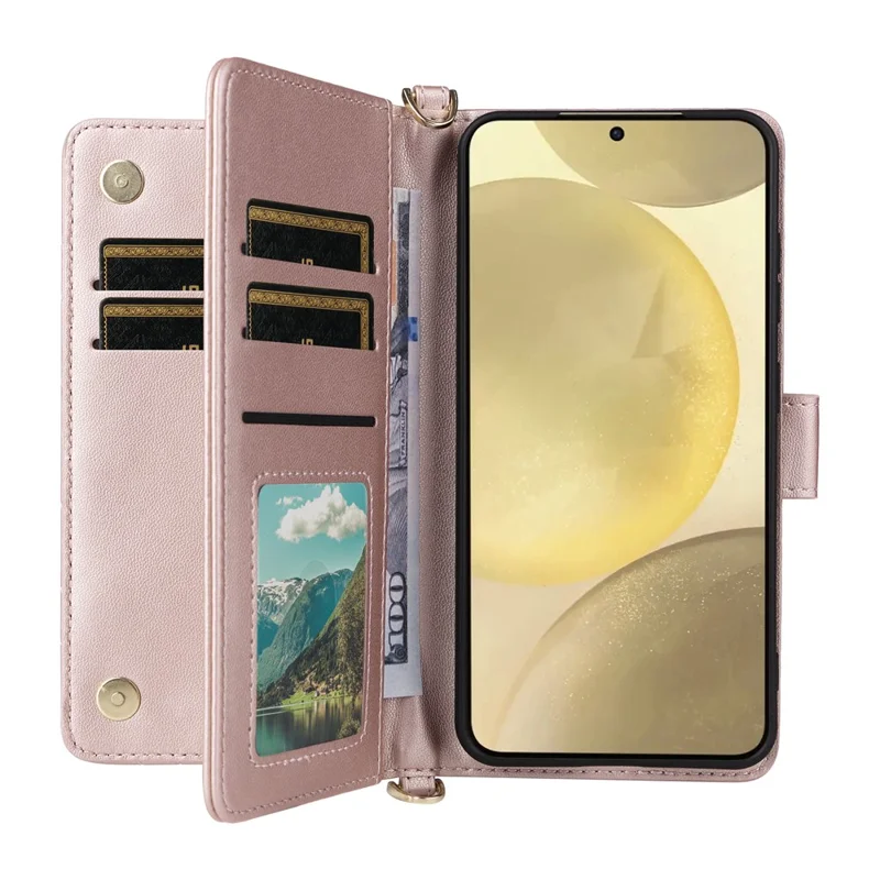 For Samsung Galaxy S24 Wallet Case with Shoulder / Wrist Strap Leather Phone Cover Stand - Pink
