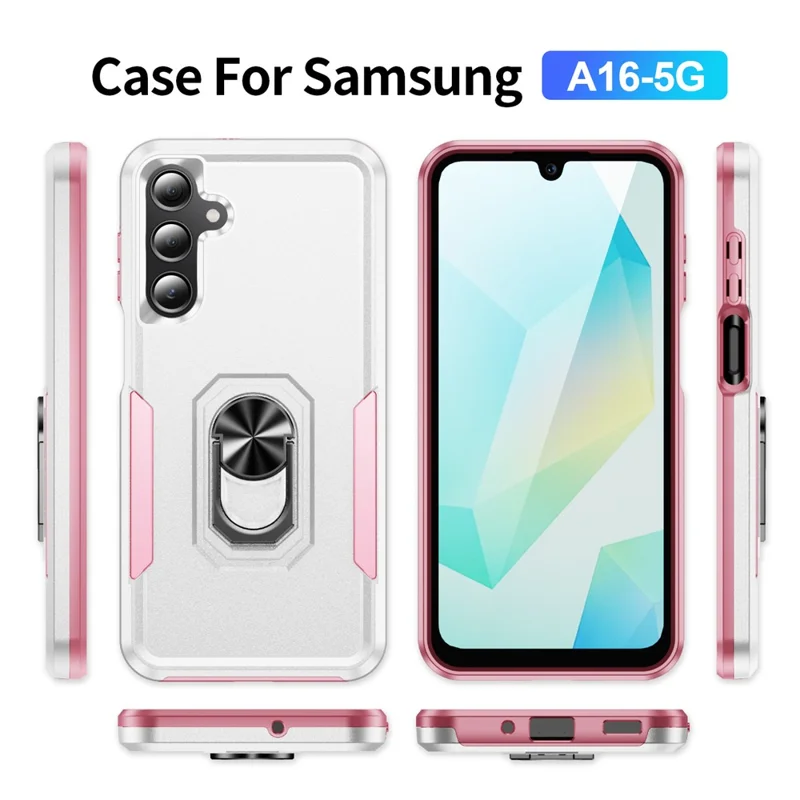 For Samsung Galaxy A16 5G  /  4G Case Military Grade Ring Kickstand PC + TPU Phone Cover - White  /  Pink