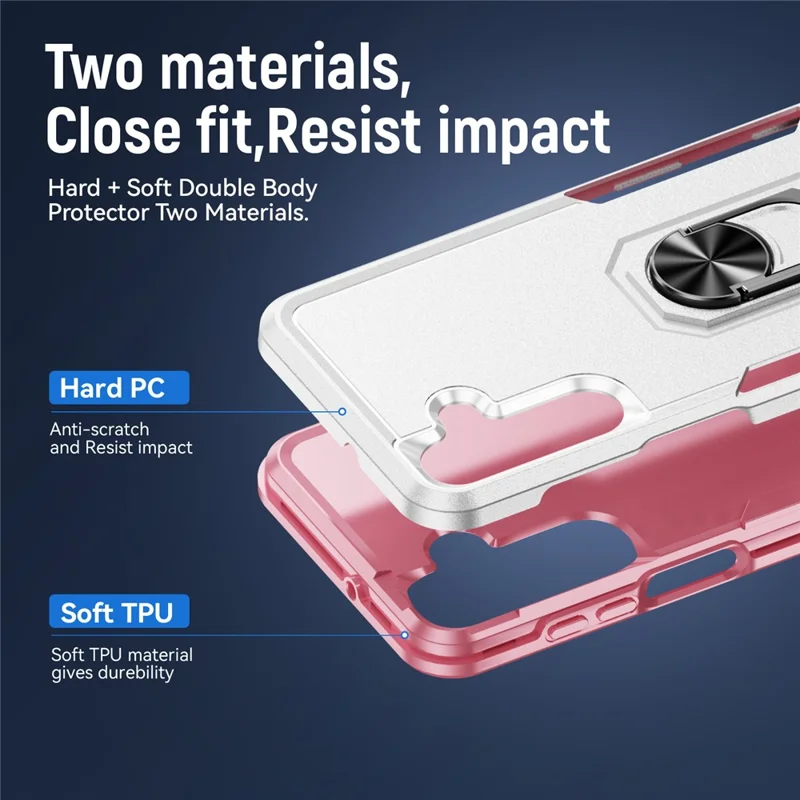 For Samsung Galaxy A16 5G  /  4G Case Military Grade Ring Kickstand PC + TPU Phone Cover - White  /  Pink