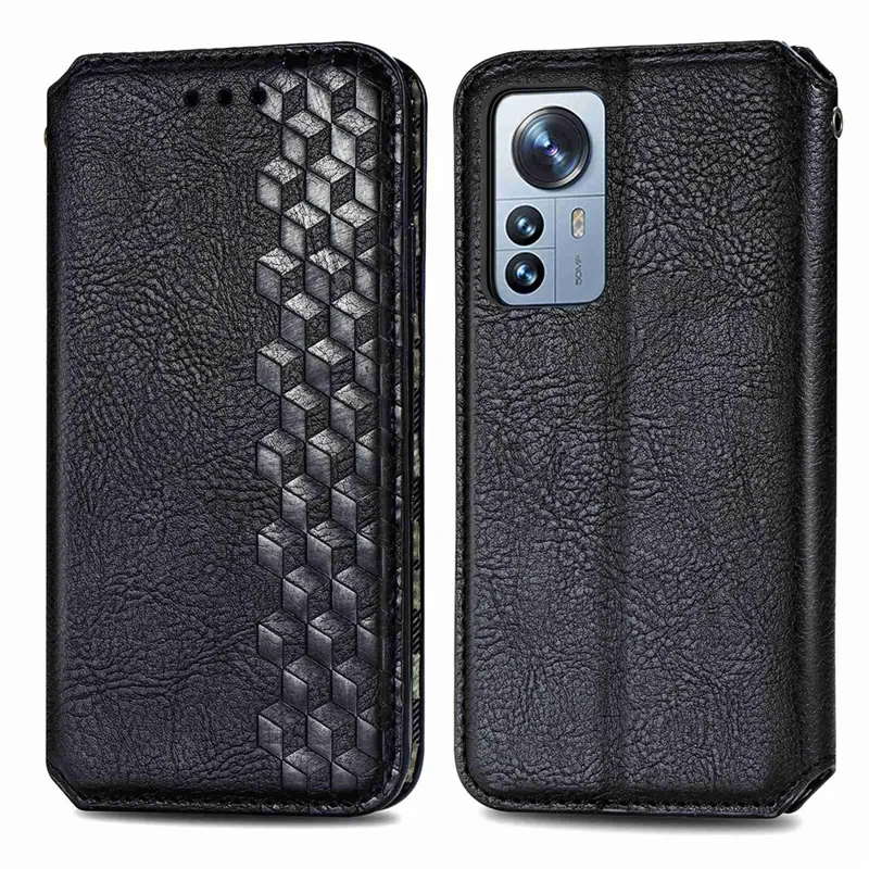 Für Xiaomi 12T 5G / Redmi K50 Ultra 5G / 12T Pro 5G Magnetisches Auto-absorbierendes Handyhülle Rautenmuster geprägt Leder Stand Geldbörse Klapphülle - Schwarz