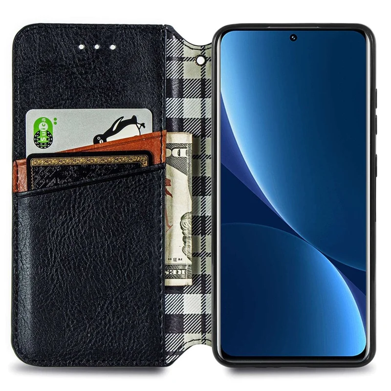 Für Xiaomi 12T 5G / Redmi K50 Ultra 5G / 12T Pro 5G Magnetisches Auto-absorbierendes Handyhülle Rautenmuster geprägt Leder Stand Geldbörse Klapphülle - Schwarz