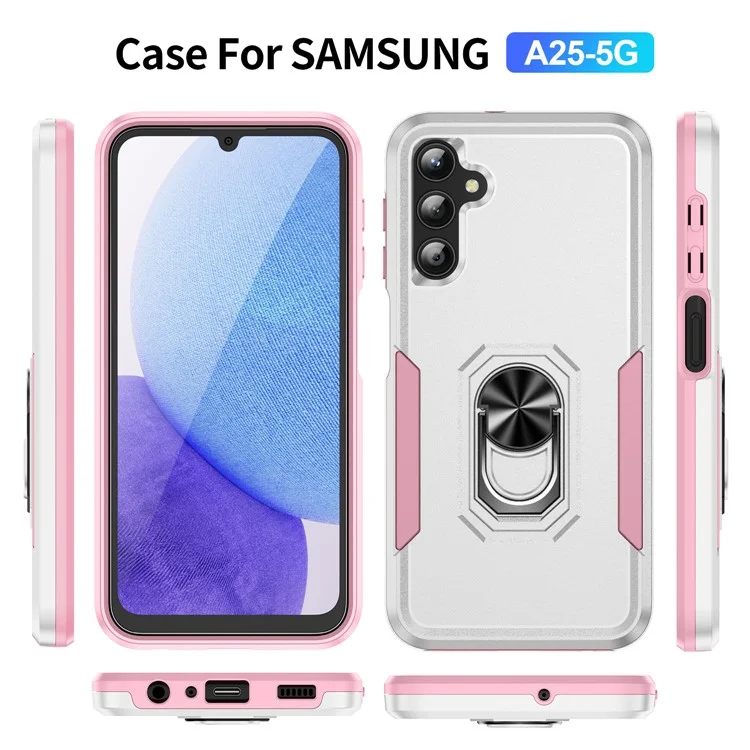 Capa para Samsung Galaxy A25 5G (Global) (161,0 x 76,5 x 8,3mm) Militar com Suporte de Anel, Capa de Celular PC+TPU - Branco+Rosa