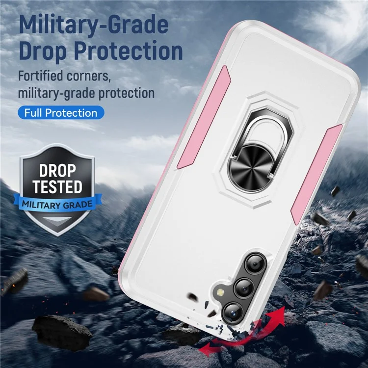Capa para Samsung Galaxy A25 5G (Global) (161,0 x 76,5 x 8,3mm) Militar com Suporte de Anel, Capa de Celular PC+TPU - Branco+Rosa