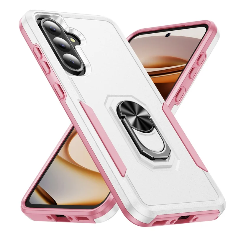 For Samsung Galaxy A36 5G Case Military Grade Ring Kickstand PC+TPU Phone Cover - White+Pink
