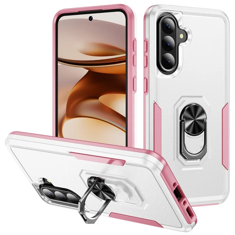 For Samsung Galaxy A56 5G Case Military Grade Ring Kickstand PC + TPU Phone Cover - White  /  Pink
