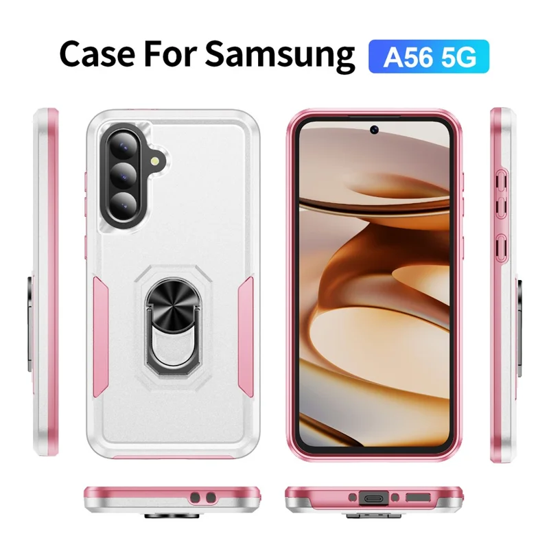 For Samsung Galaxy A56 5G Case Military Grade Ring Kickstand PC + TPU Phone Cover - White  /  Pink