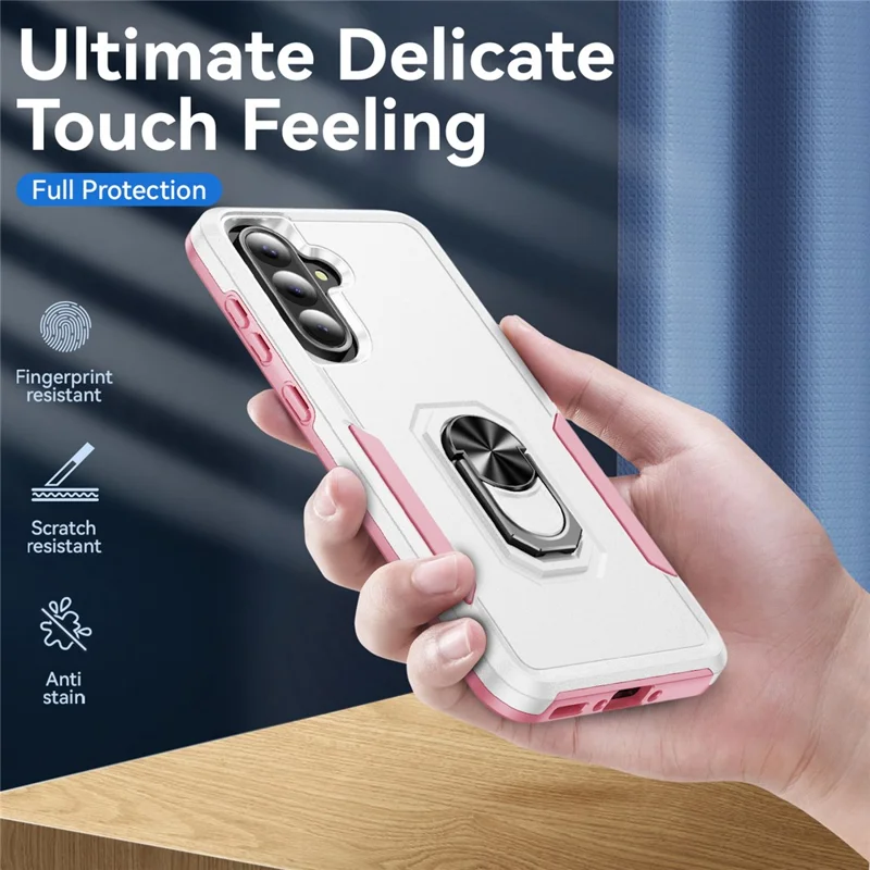 For Samsung Galaxy A56 5G Case Military Grade Ring Kickstand PC + TPU Phone Cover - White  /  Pink