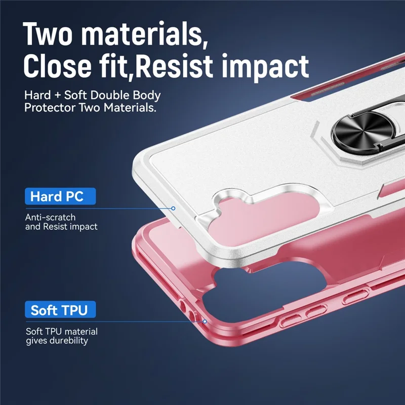 For Samsung Galaxy A56 5G Case Military Grade Ring Kickstand PC + TPU Phone Cover - White  /  Pink
