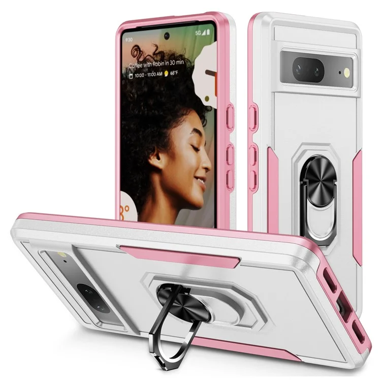 Funda para Google Pixel 7 5G con Anillo de Soporte Grado Militar de PC+TPU - Blanco+Rosa