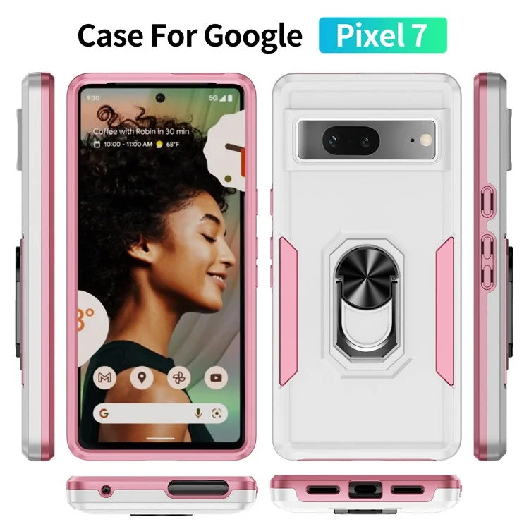 Funda para Google Pixel 7 5G con Anillo de Soporte Grado Militar de PC+TPU - Blanco+Rosa