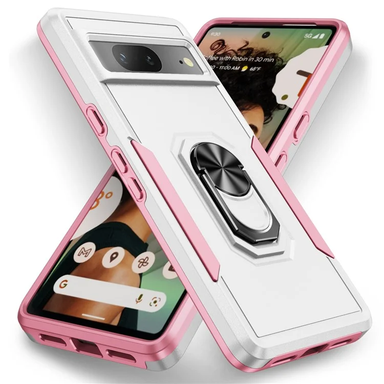 Funda para Google Pixel 7 5G con Anillo de Soporte Grado Militar de PC+TPU - Blanco+Rosa