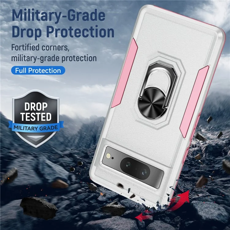 Funda para Google Pixel 7 5G con Anillo de Soporte Grado Militar de PC+TPU - Blanco+Rosa