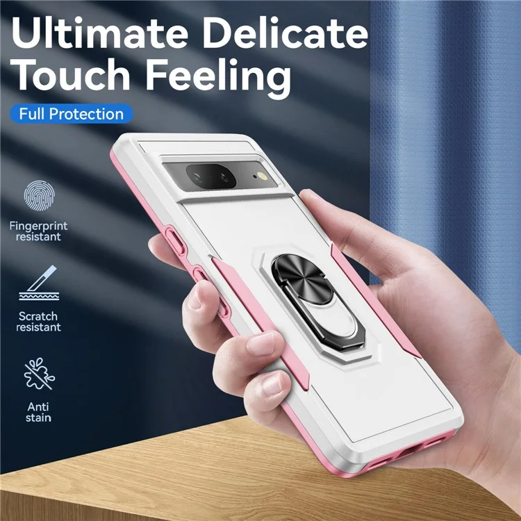 Funda para Google Pixel 7 5G con Anillo de Soporte Grado Militar de PC+TPU - Blanco+Rosa