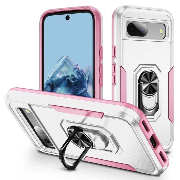 For Google Pixel 8a Case Military Grade Ring Kickstand PC + TPU Phone Cover - White+Pink