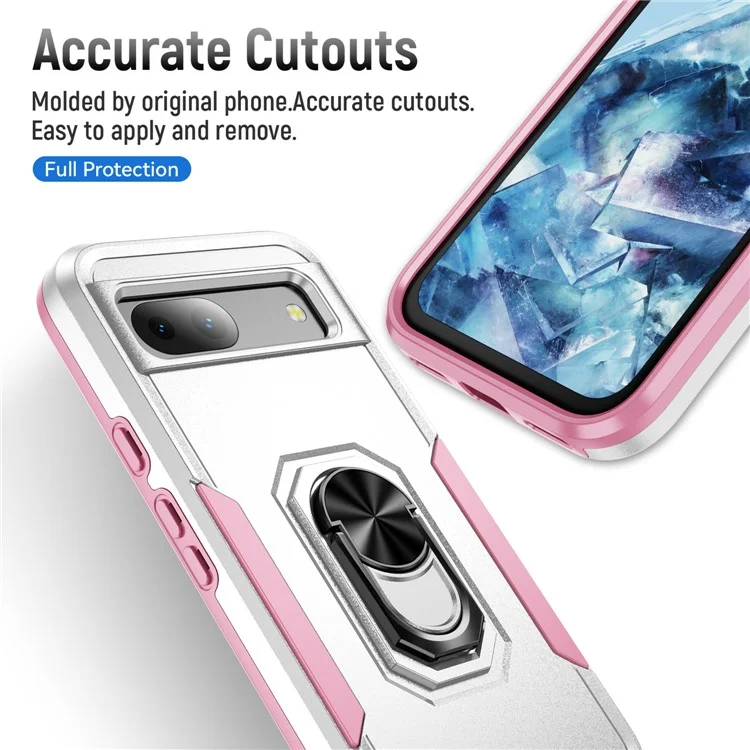 For Google Pixel 8a Case Military Grade Ring Kickstand PC + TPU Phone Cover - White+Pink