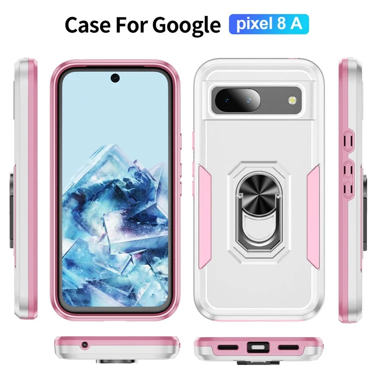 For Google Pixel 8a Case Military Grade Ring Kickstand PC + TPU Phone Cover - White+Pink