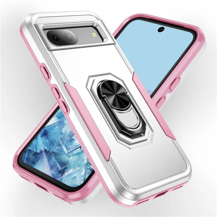 For Google Pixel 8a Case Military Grade Ring Kickstand PC + TPU Phone Cover - White+Pink