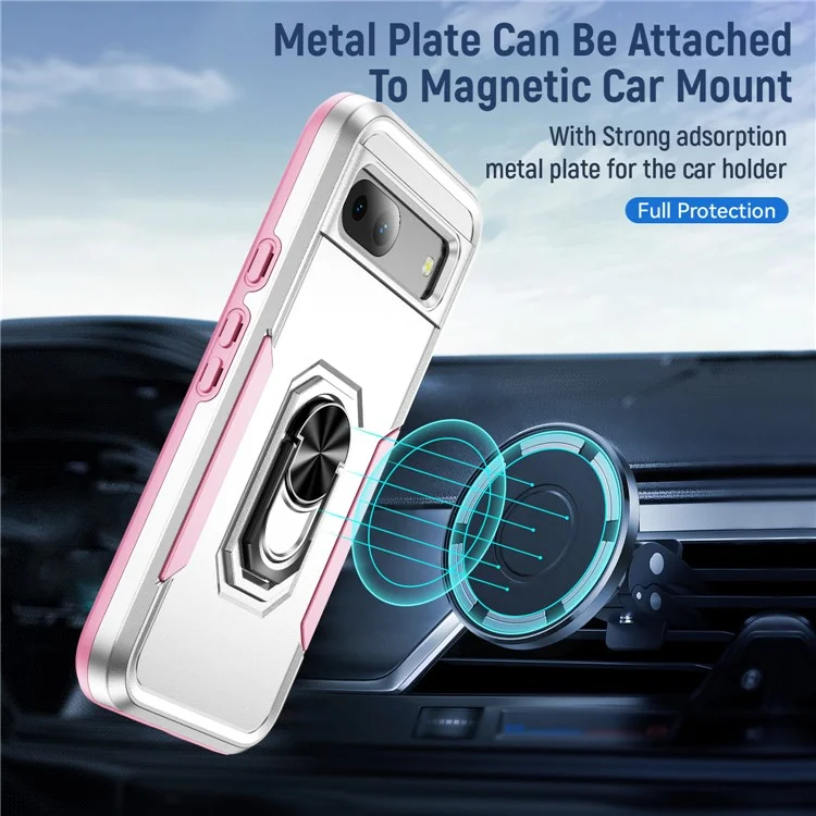 For Google Pixel 8a Case Military Grade Ring Kickstand PC + TPU Phone Cover - White+Pink